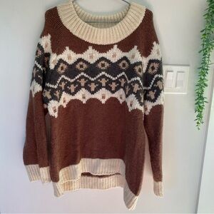 Aerie Aztec Fair Isle Cream Tan Chunky Wool Blend Comfy Oversized Sweater Medium
